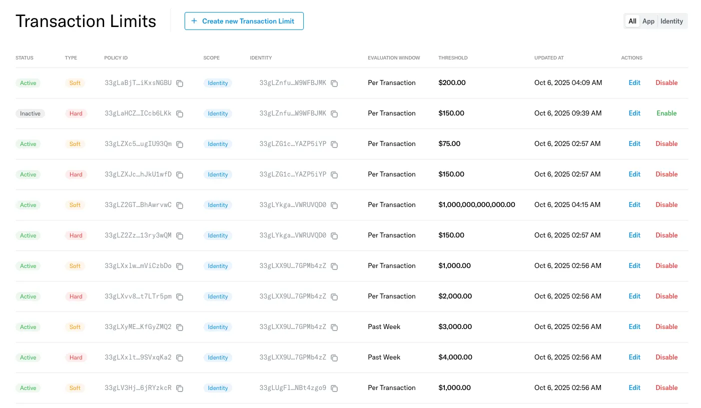 Transaction limit configuration in the Bastion Dashboard