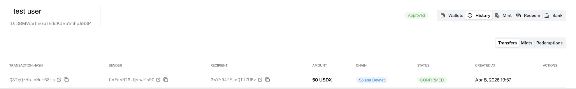Transfers list under the History tab showing submitted crypto transfers and their statuses
