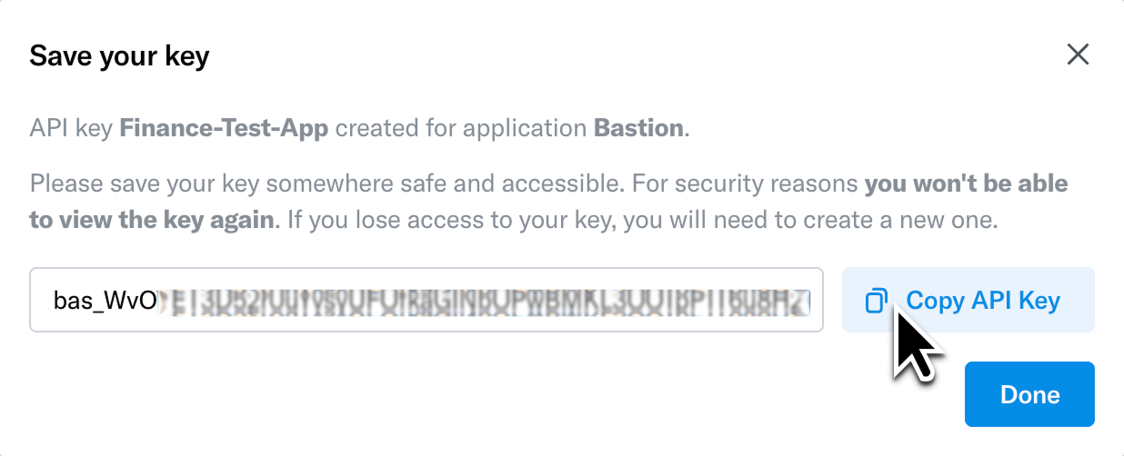 Newly created secret API key shown in the sandbox dashboard