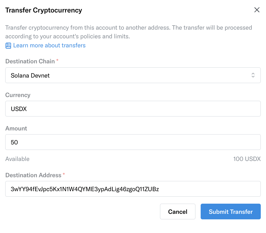Transfer Cryptocurrency modal with destination chain, currency, amount, and destination address fields