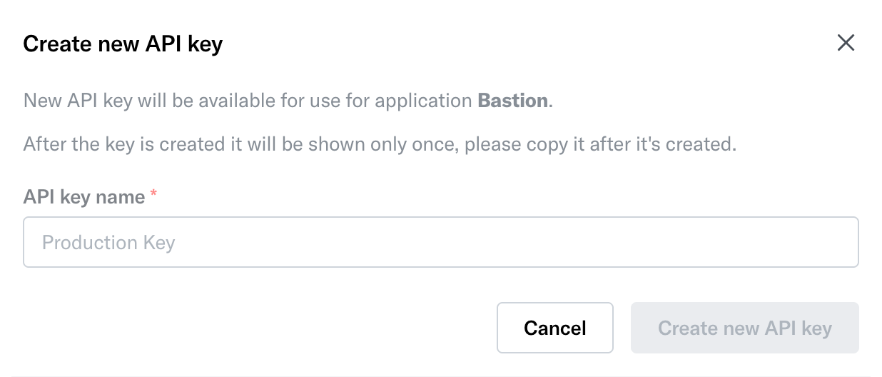 Create new API key dialog in the sandbox dashboard