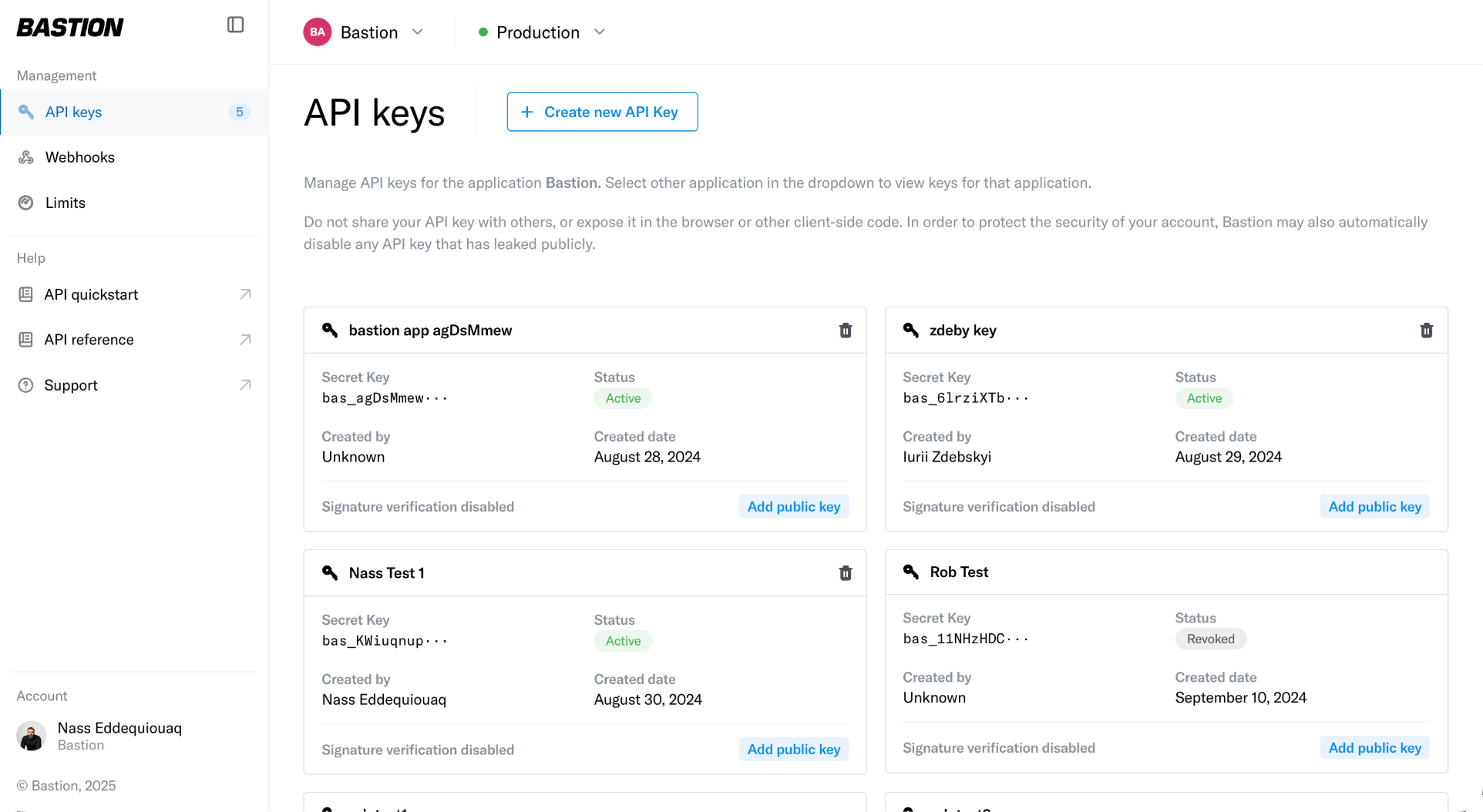 API keys page in the Bastion dashboard